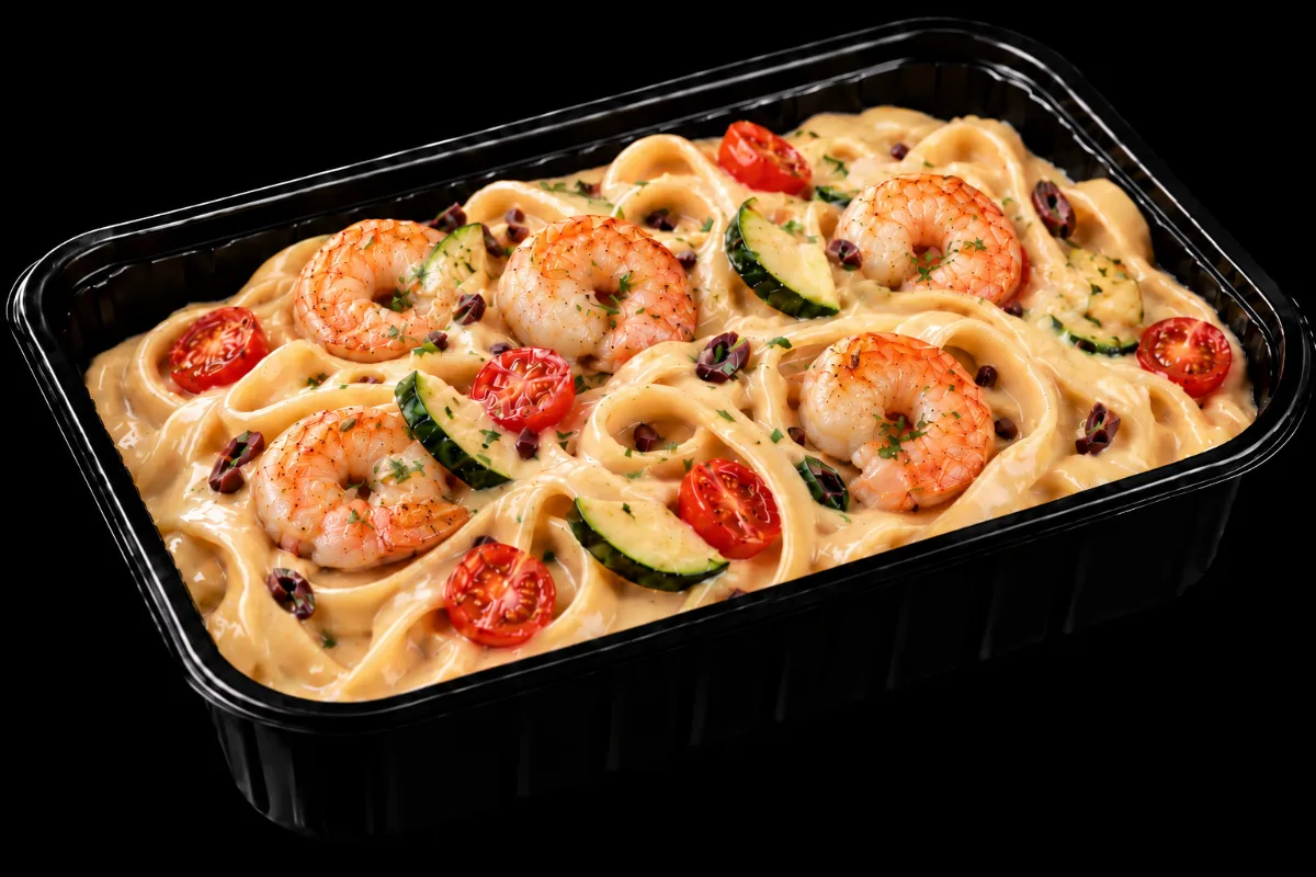Tagliatelle cu creveți, măsline kalamata și dovlecel